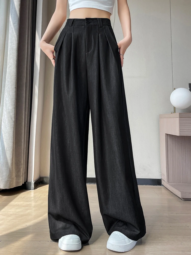 Summer Soft High Waist Slim Straight Casual Female Wide Leg Pants New Basic Office Ladies Fashion Solid Color Loose Women Pants