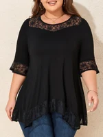Plus Size Women's Solid Lace 3/4 Sleeve Tunic Tops 2025 Ladies O-Neck Casual Loose T Shirts Tee Size XL 2XL 3XL 4XL 5XL 6XL