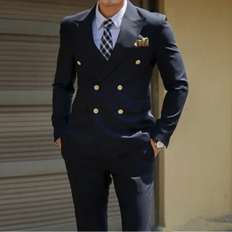 Navy Blue Double Breasted Suits for Men 2 Piece Slim Fit Custom Wedding Groom Tuxedos Formal Business Set Jacket with Pants