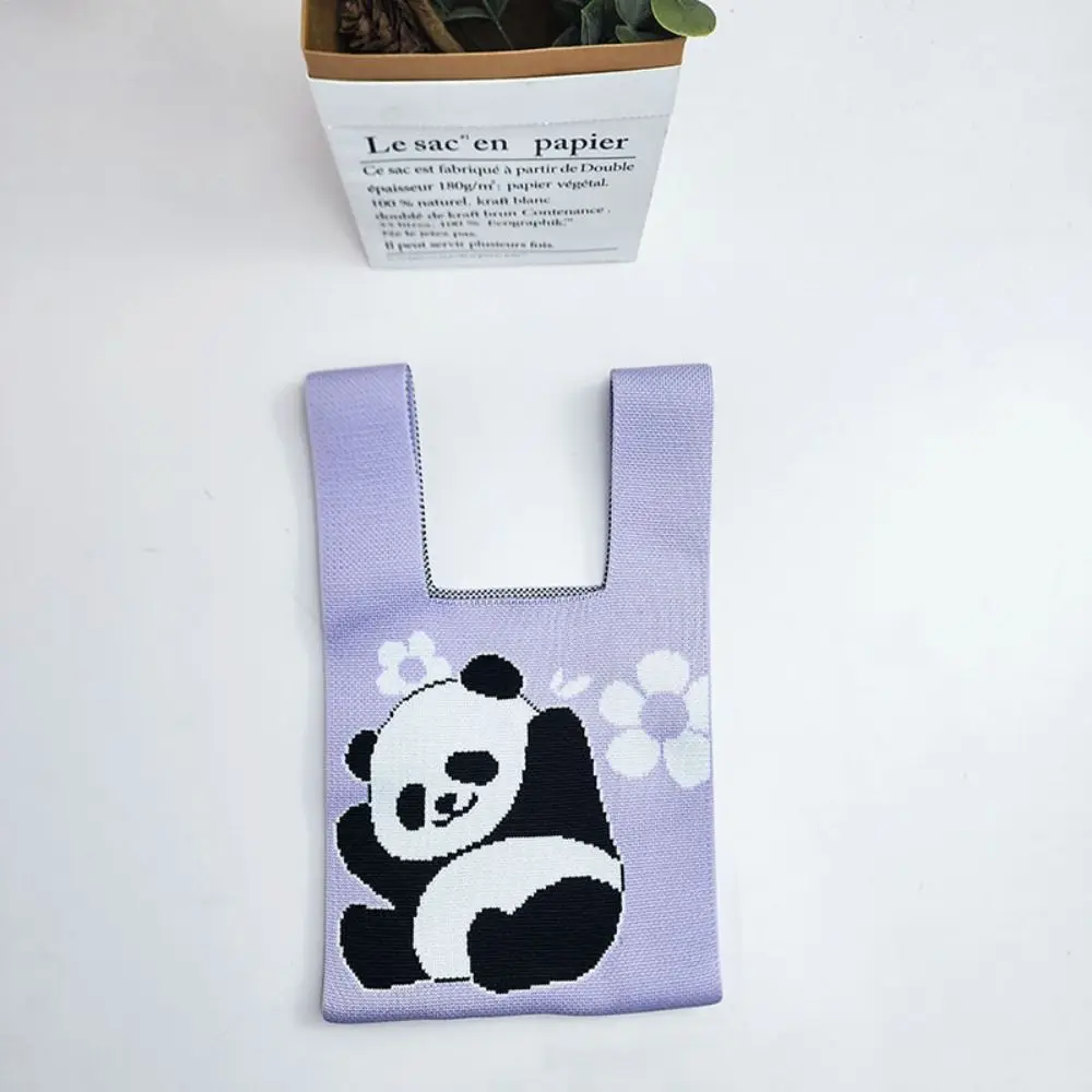 Polyester Schattige Panda Gebreide Tas Nieuwe Mini Herbruikbare Handgemaakte Gebreide Handtas Panda Bloem Vrouwen Knoop Pols Tas Vrouwen