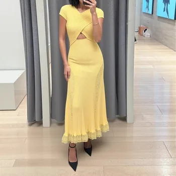 Elegante Abito Lungo Francese da Donna Monospalla Senza Maniche in Maglia con Inserti in Pizzo, Vestito a Sirena Modellante per Occasioni Formali