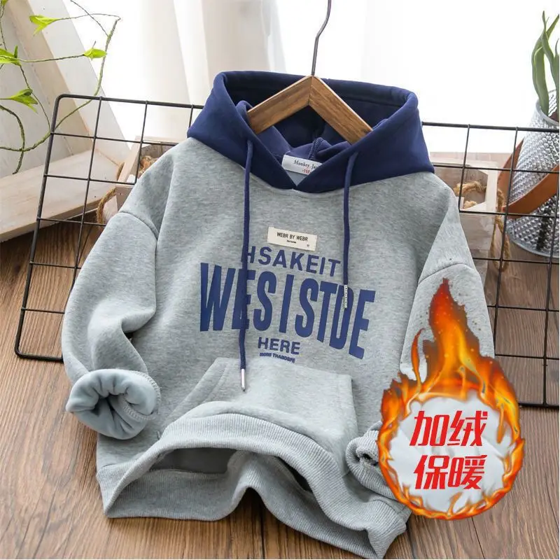 Kids Hoodie Sweatshirts Autumn Winter Boys Hoodies Solid Color Letter Print Lining Plush Thick Warm Casual Pullover For 4-14Y Kids Handsome Sweatshirt