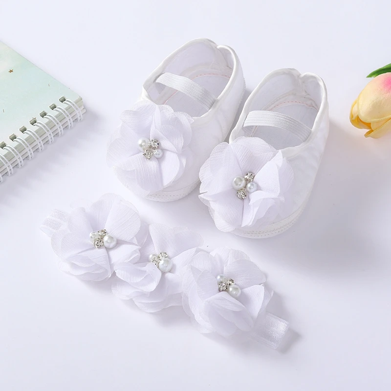 Baby Girl Flower Shoes with Headband Princess Soft Sole First Walking Shoes Moccasins Infant Footwear Crib