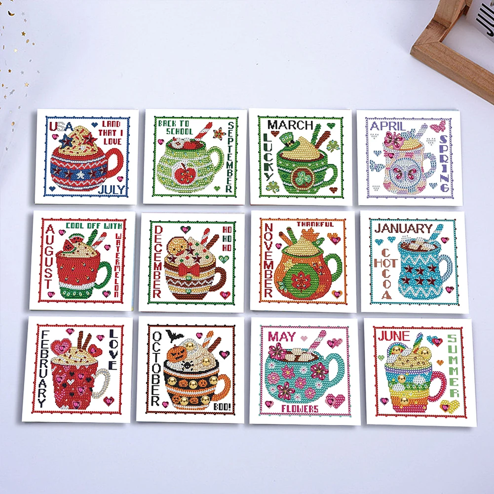 12pcs DIY 월 달력 패턴 다이아몬드 아트 인사말 카드 축제 및 축하 행사용 다이아몬드 아트 수제 카드