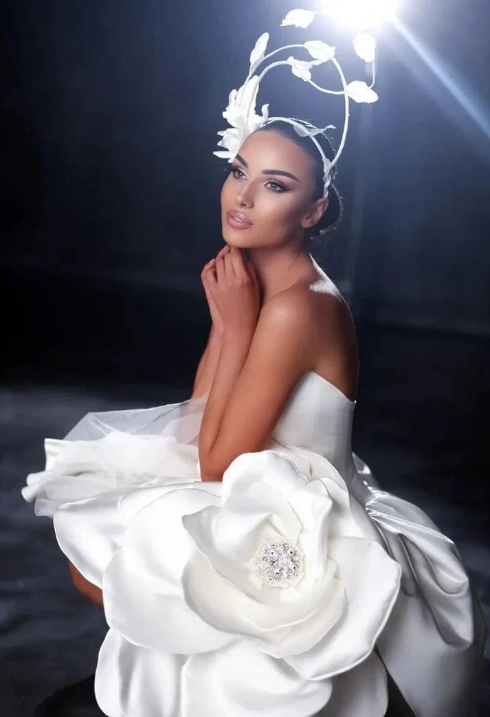 Garden Pure White Handmade Flower Short Cocktail Party Dresses Strapless Mini Bloom Bridal Dress Lace Up Back