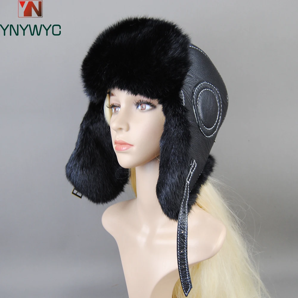 

Hot Sale Winter Women's 100% Real Rabbit Fur Bomber Hat Ushanka Cap Trapper Russian Woman Ski Hats Caps Real Sheepskin Leather