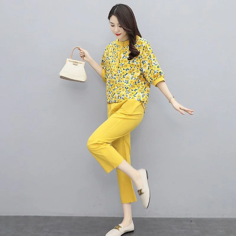 2024Summer New Suit Women Cotton Hemp Slim Two-Piece Printed Shirt Eight-Point Feet Pants Small Western Coat Female Tops Outfit