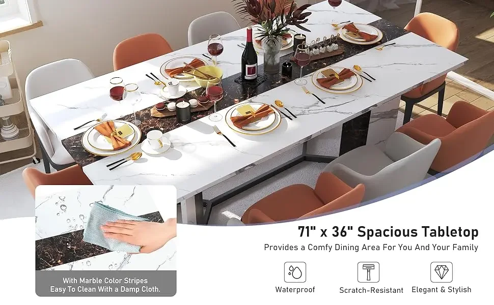71" Large Luxurious Rectangular Dining Table for 6 8 10 People Tabletop,Metal Adjustable Leg