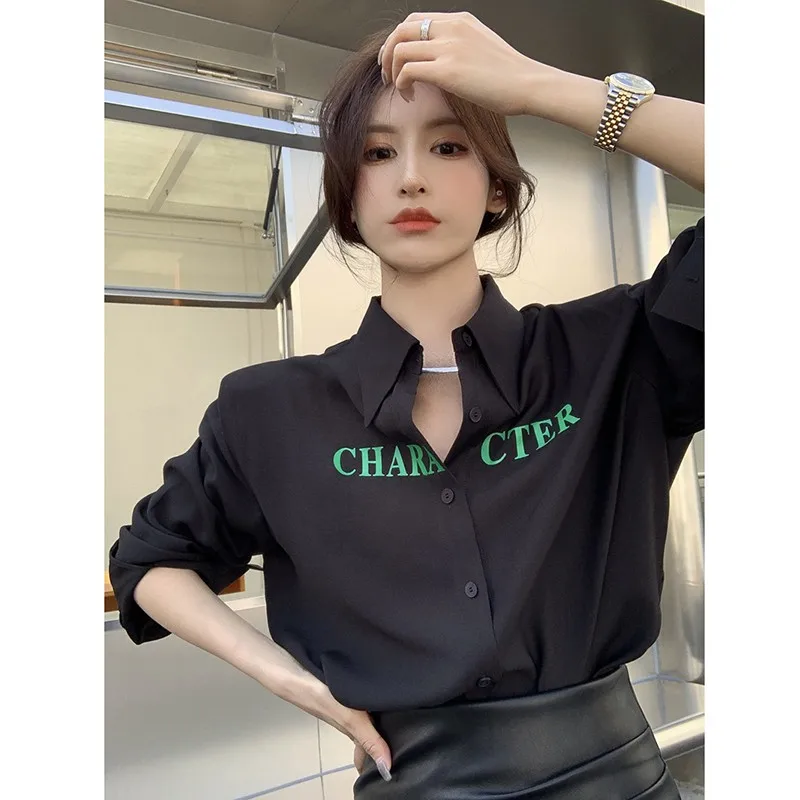 

2022 New Spring/autumn Women Long Sleeve Turn-down Collar Blouse Casual Loose Letter Print Single Breasted Casual Shirts V341