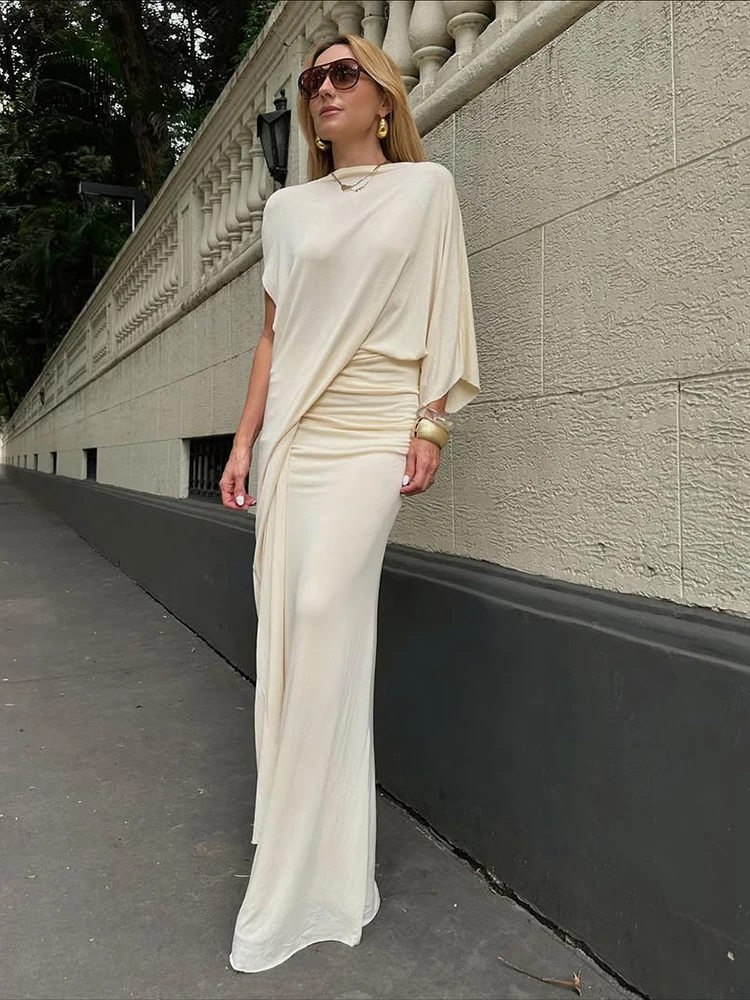 Nibber Elegant 2-Piece Set Women a Sleeve Irregular Hem Crop Tops+Folds Elastic Waist Long Skirts Solid Elasticity Fashion Suit