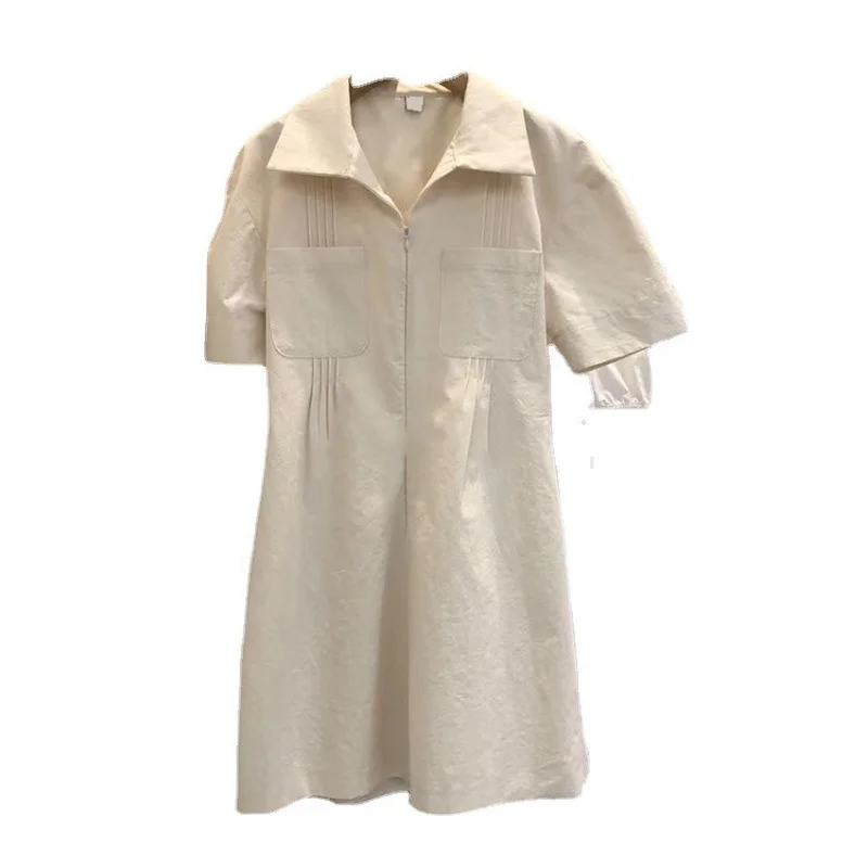 

Summer Korean style design polo lapel zipper mid-length dress women