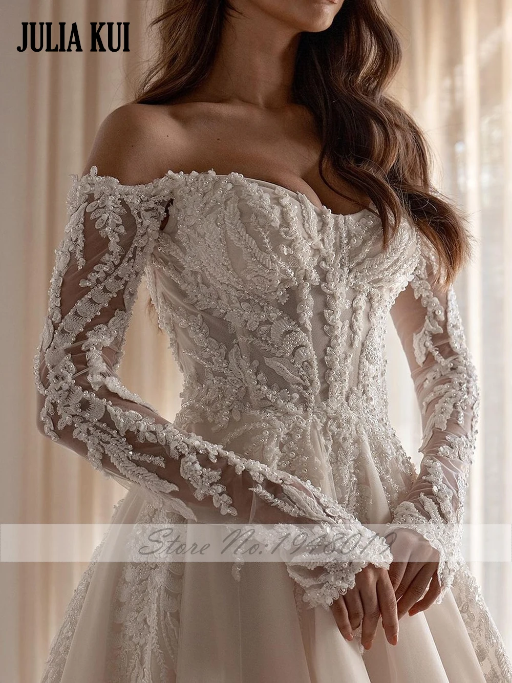 Julia Kui Elegance Tulle Beading Pearls Embroidery Lace A-Line Wedding Dresses Customize Off Shoulder Full Sleeves Bridal Gowns 4