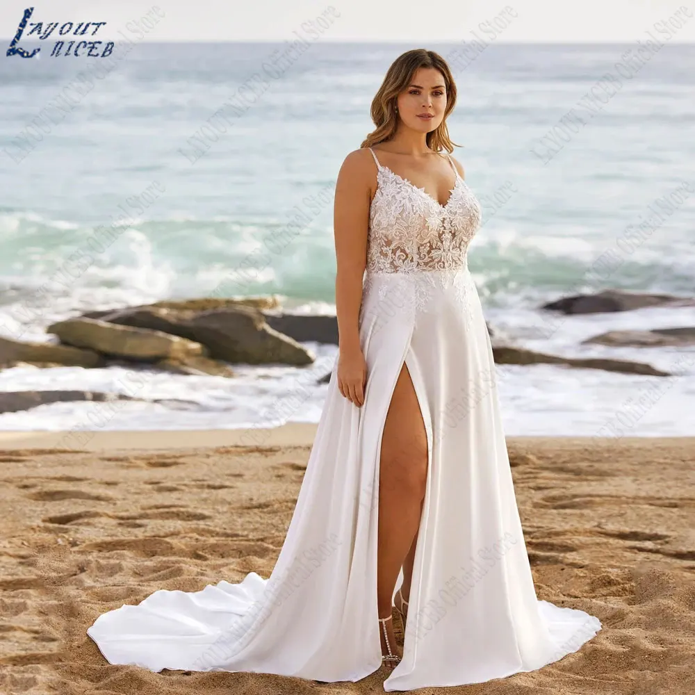 

LAYOUT NICEB Spaghetti Strap V-Neck Wedding Dresses Plus Size Chiffon Bride Gowns Backless Side Split robe de mariee Custom Made