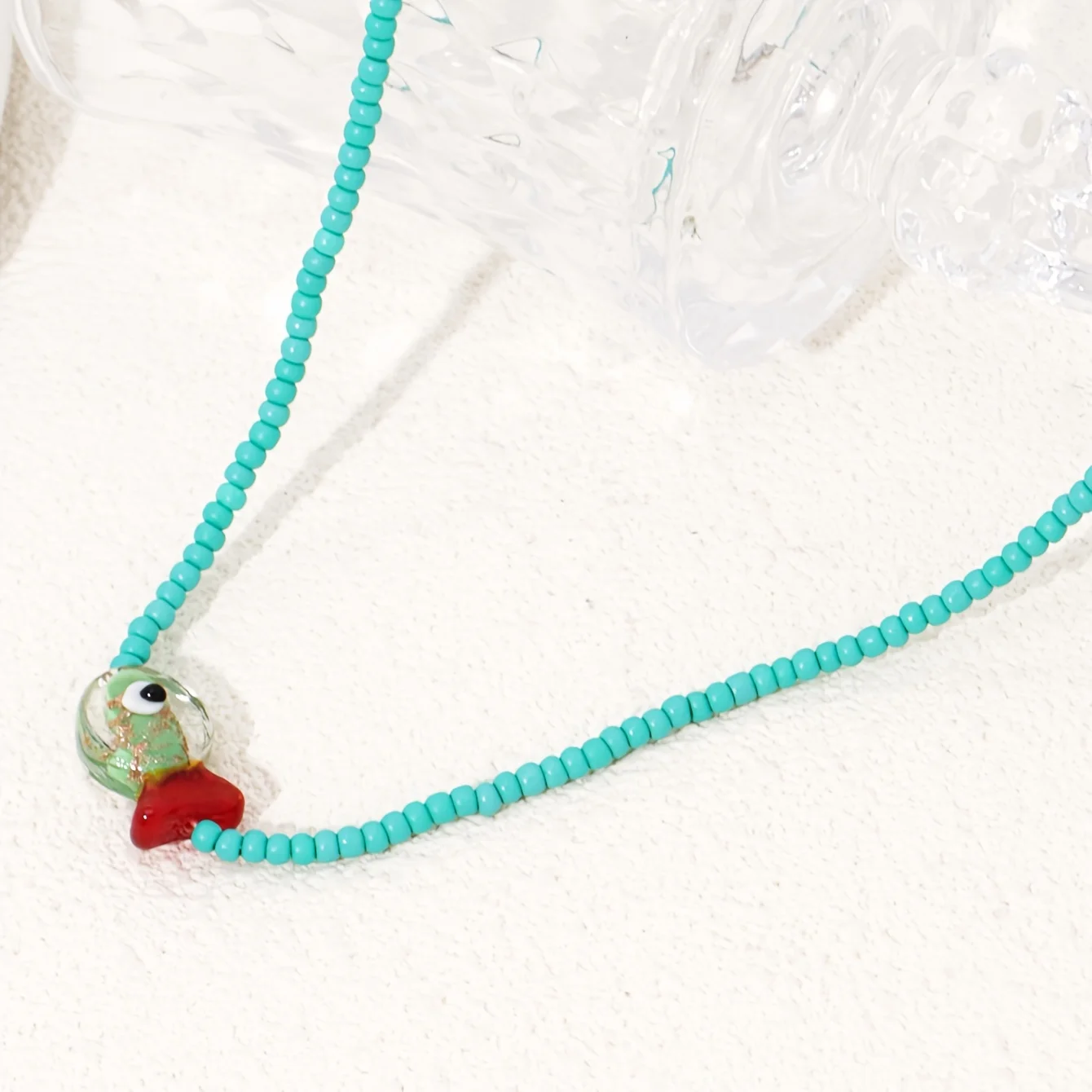 Womens Turquoise Glass Fish Pendant Necklace with Handmade Beaded Choker