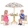 Kids Outdoor Table and Chair Set with 2 Folding Chairs and Height Adjustable Umbrella-Yellow