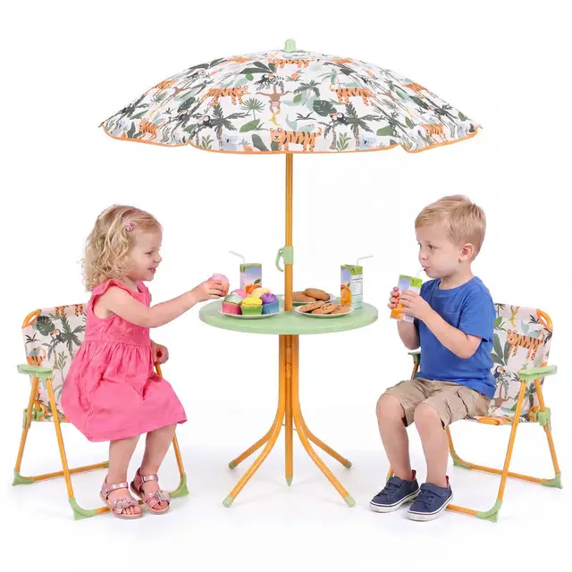Kids Outdoor Table and Chair Set with 2 Folding Chairs and Height Adjustable Umbrella-Yellow