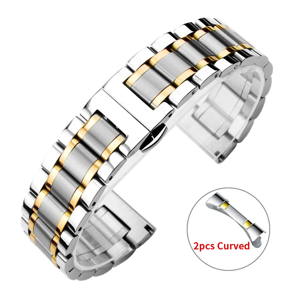 Curved End Stainless Steel Watch Band with Butterfly Buckle - Universal Wristband in Multiple Sizes