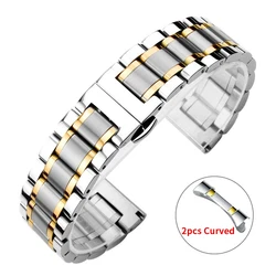 Curved End Stainless Steel Watch Band with Butterfly Buckle - Universal Wristband in Multiple Sizes - 22mm (Silver Gold)
