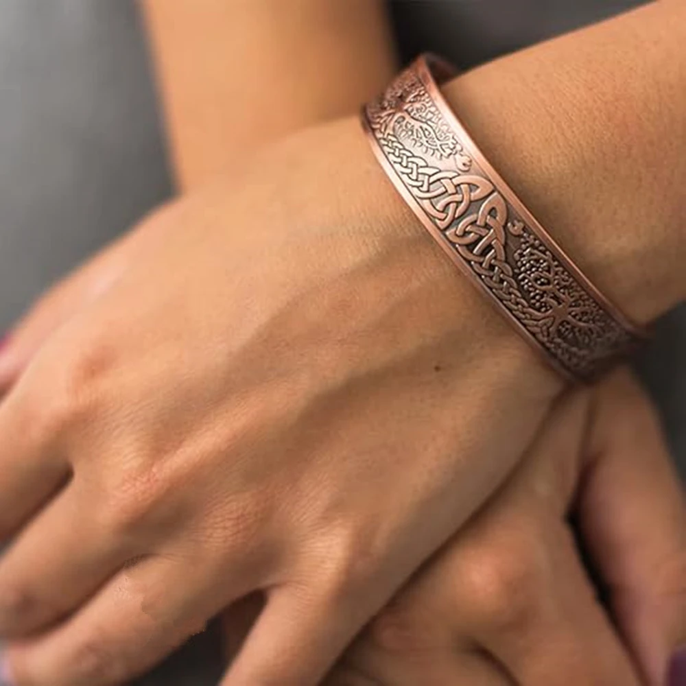 Pure Copper Neodymium Magnet Open Cuff Bracelet Vintage Plum Zirconia 3500 Gauss Magnetic Therapy Bangles