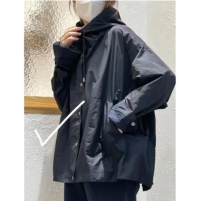 

Loose Hooded Trench Coat Women Spring And Autumn Comfortable Casual Bat Sleeve Coat Big Size No Ironing Custom Fabric Coat