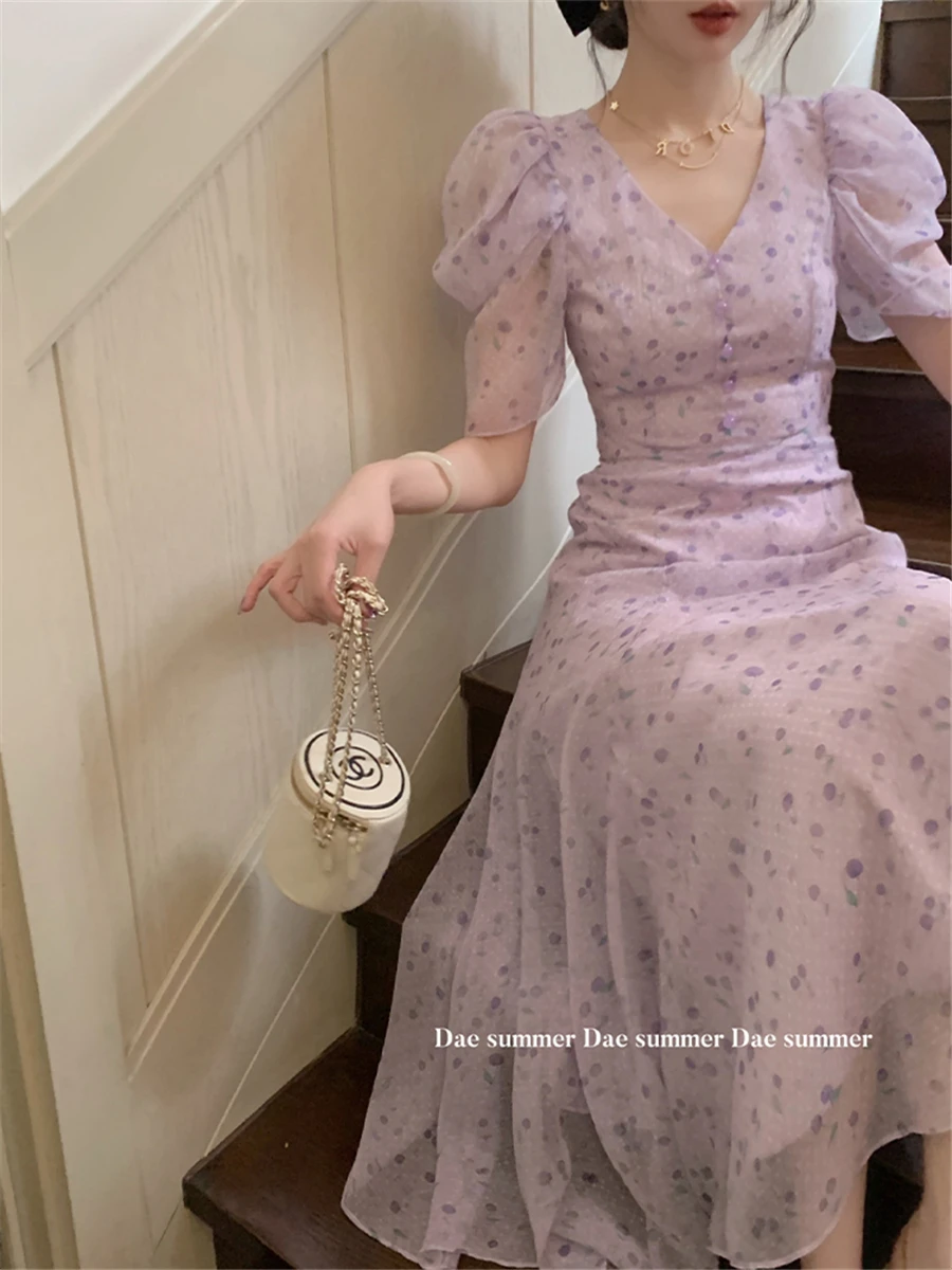 

Midi Dress Women Elegant Summer 2022 New French Fashion Lady Casual Vintage Dots Print High Waist Gauze Dresses Female Clothes