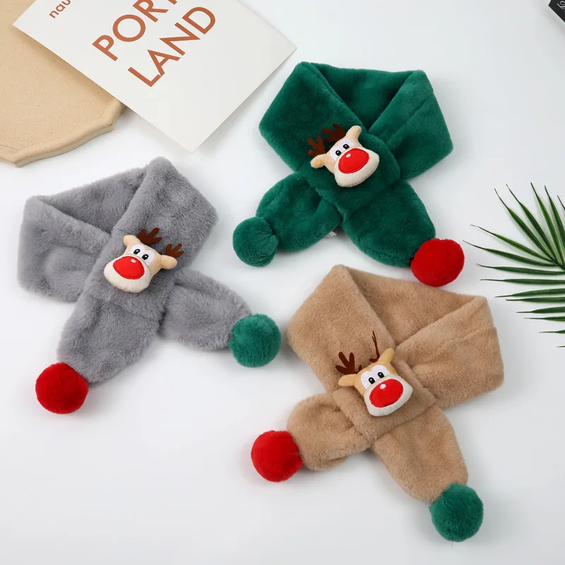 New lovely imitation rabbit plush children's scarf autumn and winter double ball cartoon red nose deer Christmas warm bib rabbit fur scarf