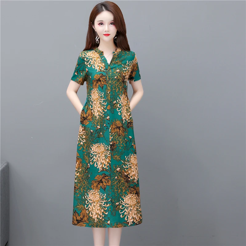 

New Fashion Casual Style 2023 Summer Dresses For Women V-neck Cotton Robe Femme Vintage A-line Print Dress