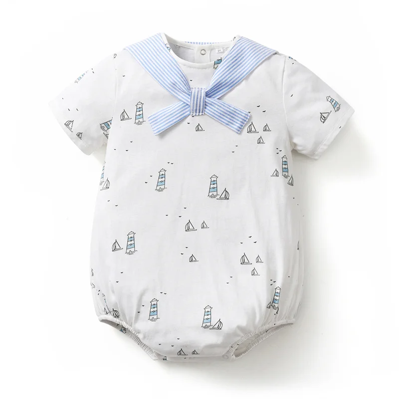 

Cekcya Baby Boy Bodysuit Newborn Pure Cotton Rompers Infant Summer Sailboat Prints Romper One Piece Outfits Sail Collar Clothes