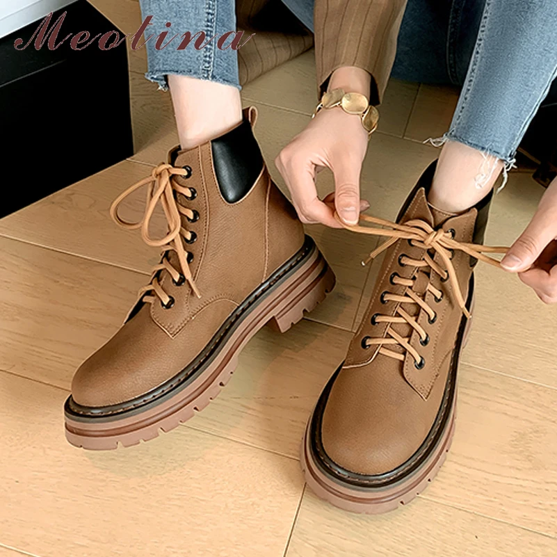 

Meotina Women Genuine Leather Boots Round Toe Thick Mid Heel Ankle Boots Platform Lace-up Ladies Shoes Autumn Winter Yellow