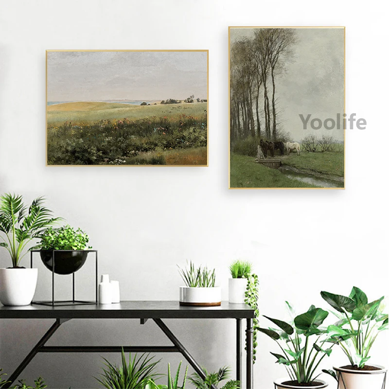 Rustic Country Landscape Oil Painting Canvas Art - Vintage Farmhouse Wall Decor