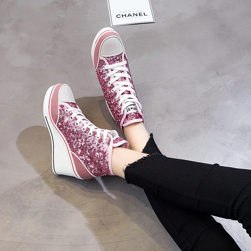 8cm High Heel Canvas Shoes Women Slope Heel Wedge Shoes Sequin Lace Up Muffin Bottom Leisure Thick Soled High Top Shoes