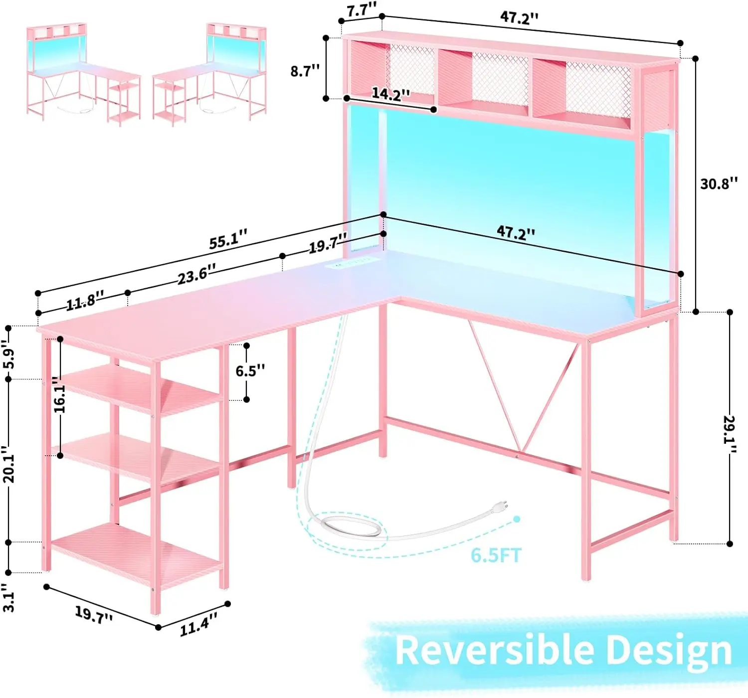 L Shaped Desk Gaming Desk with LED Strip & Power Outlet, Reversible L-Shaped Computer Desk, Corner Desk with Storage Shelf 3