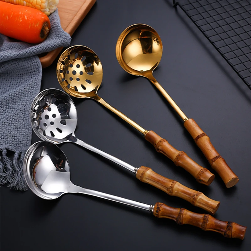 Cutlery Set Kitchenware Accessories Wooden Serving Spoon Ladle Stainless Steel Soup Spoon Colander with Wooden Handle Anti-scalding Hot Pot Scoops Serving Tablespoons