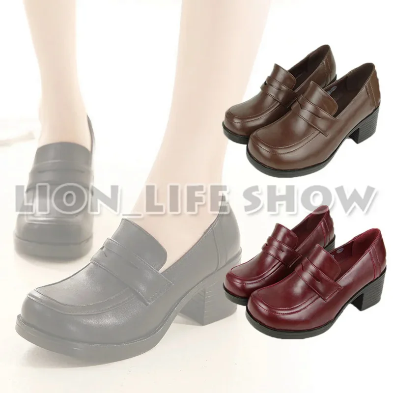

3 colors Women Japanese School Uniform Student Leather Black High Heel JK Shoes Cosplay