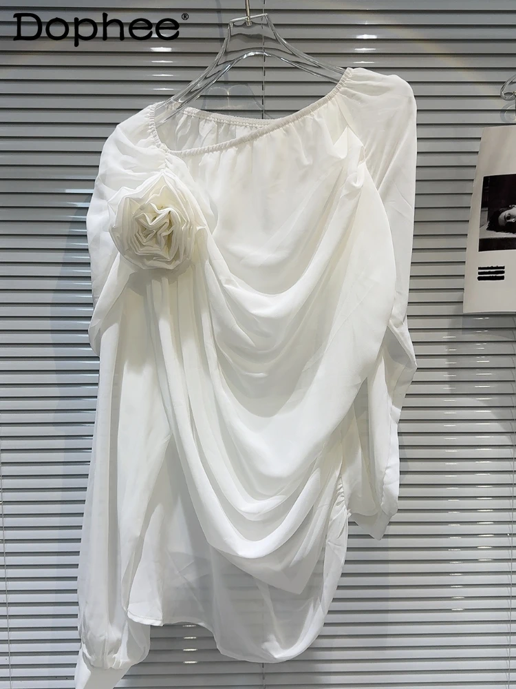 

Flower Off-Shoulder Solid Color Elegant Socialite Chiffon Shirt 2024 Spring Summer New F French Style Long Sleeve Blouse Women