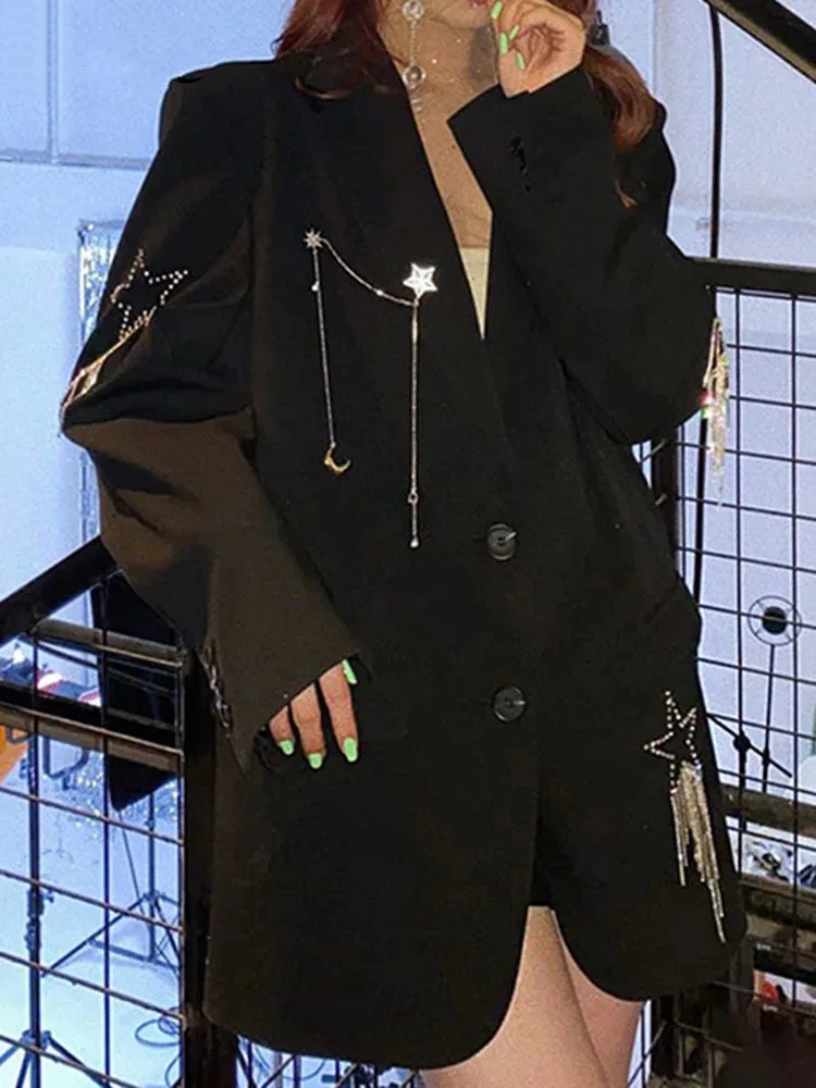 

LJHLJX Elegant Diamond Sequin Star Tassel Spliced Blazer Jacket Women 2023 Autumn New Temperament Long Sleeve Female Coat