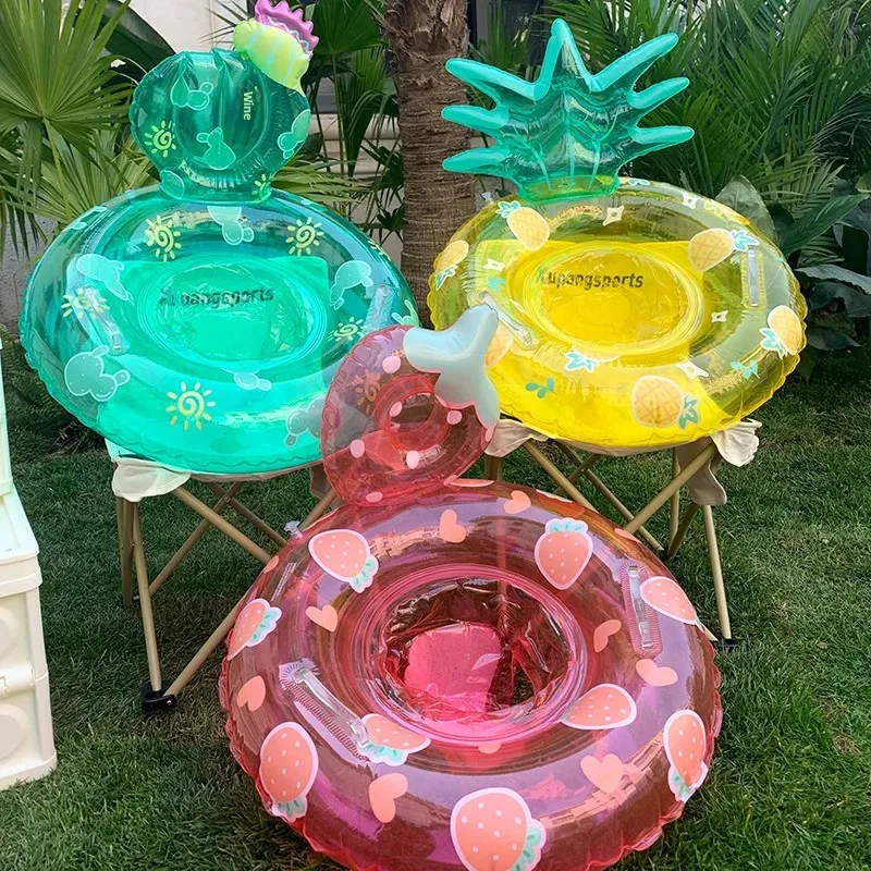 Cartoon Strawberry Inflatable Swimming Ring with Handle Sponge Base Circle Cute Water Sports Entertainment Life Preserver