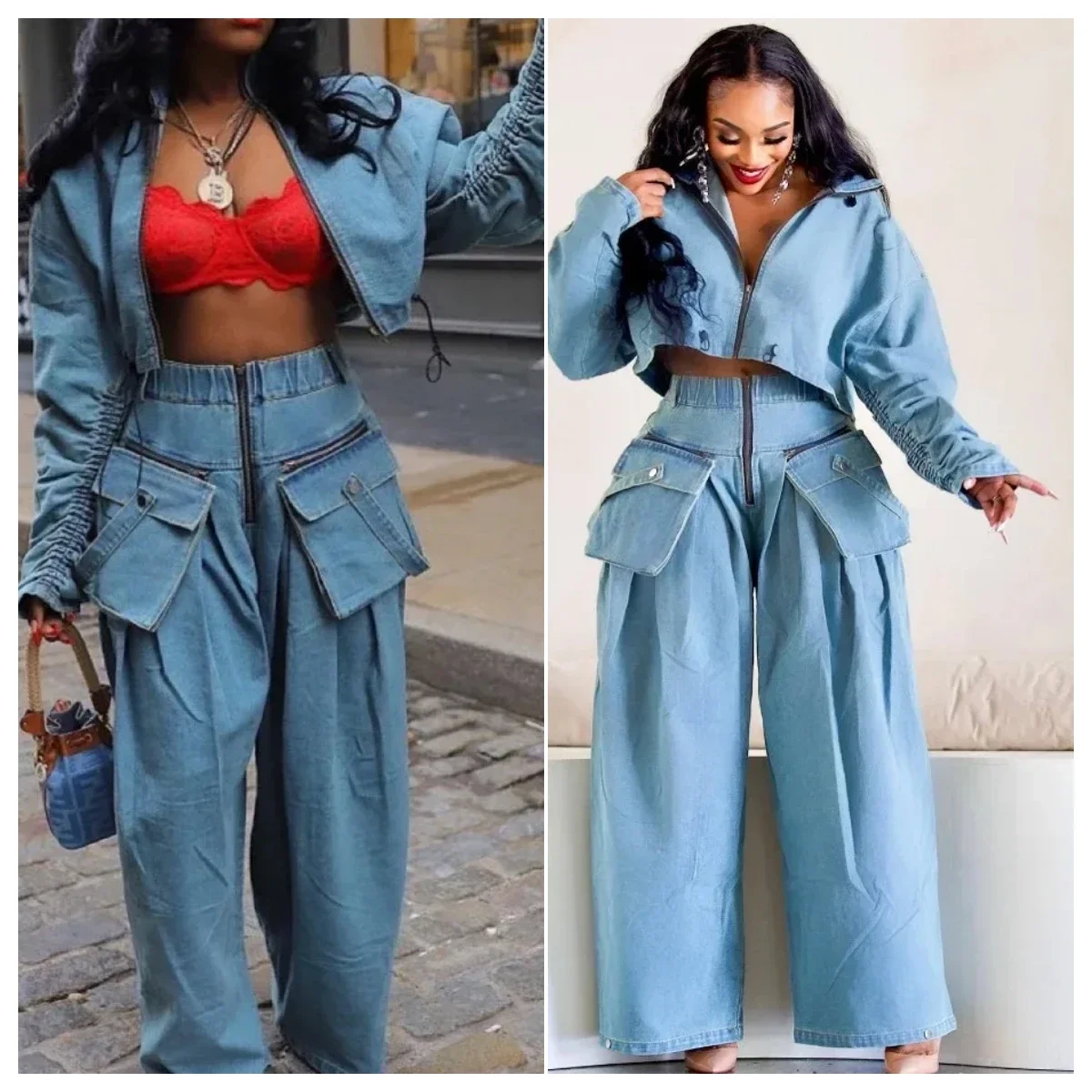 Retro Denim Cargo 2 Piece Set Women Stand Collar Long Sleeve Zip Jeans Jackets Crop Top Pockets High Waist Wide Leg Pants Suits