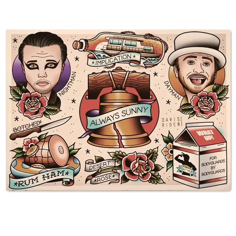 

ALWAYS SUNNY Creative Tattoo Designs Wall Art Movie Poster and Prints Vintage Kraft Paper Painting Wall Stickers Home Decoration