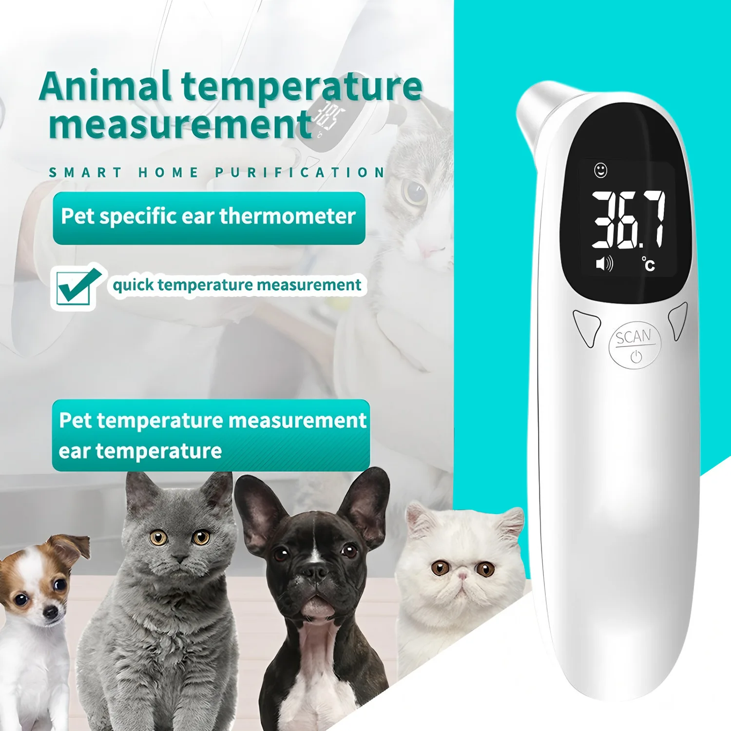Digitales Ohrthermometer für Haustiere, berührungsloses elektronisches Temperaturmessgerät für Hunde, Katzen, Welpen, Veterinärbedarf