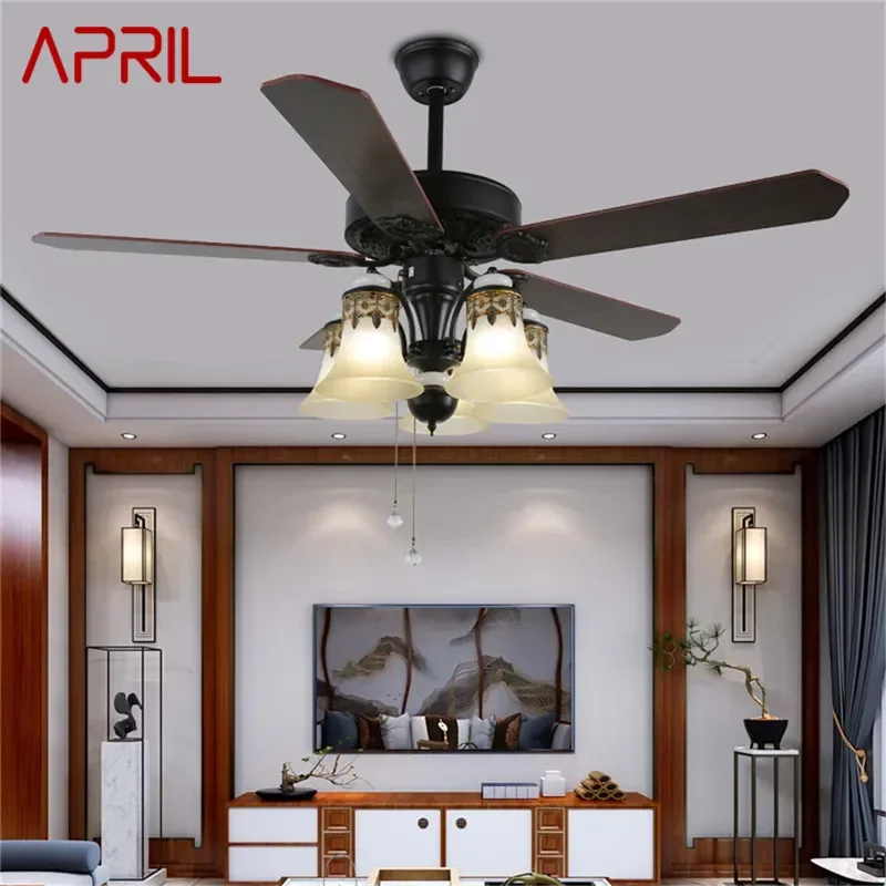 APRIL European Luxury LED Fan Light American Retro Living Room Restaurant Bedroom Ceiling Fan Light Remote Electric