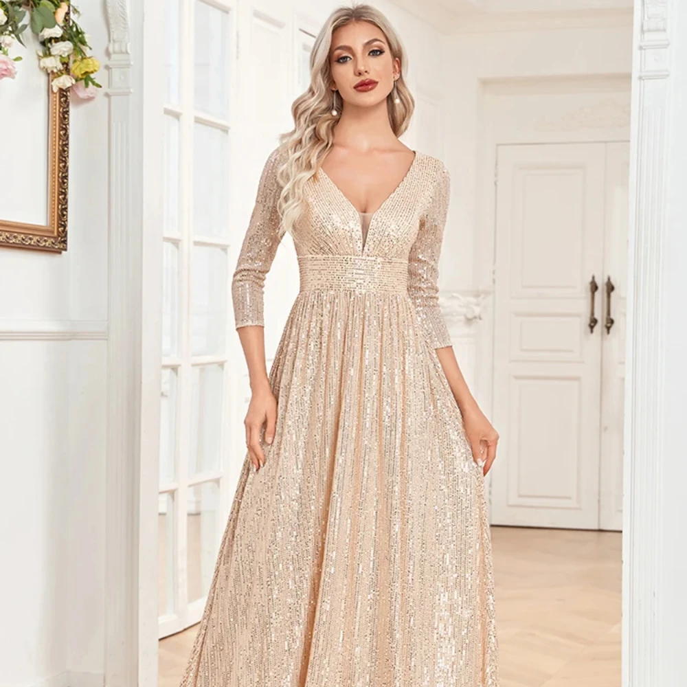 

Elegant Modest Champagne Banquet Evening Dress A Line Wedding Party Prom Dresses Sparkly Sequin Floor-Length Vestidos De Fiesta