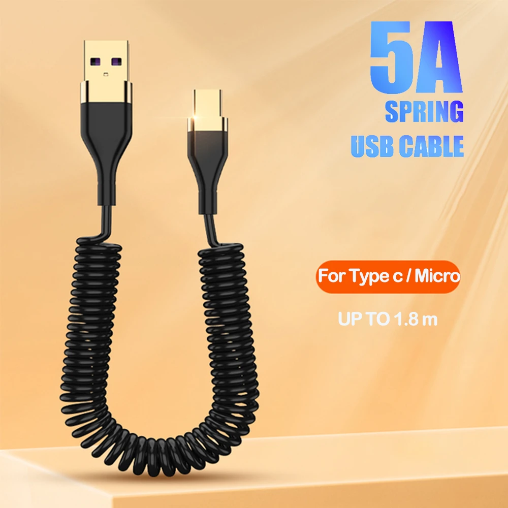 5A Ultra Fast Charging USB To Micro TypeC Spring charging Cable  Mobile Phones Fast Charge Cable For Xiaomi Redmi Huawei Realme android type charger