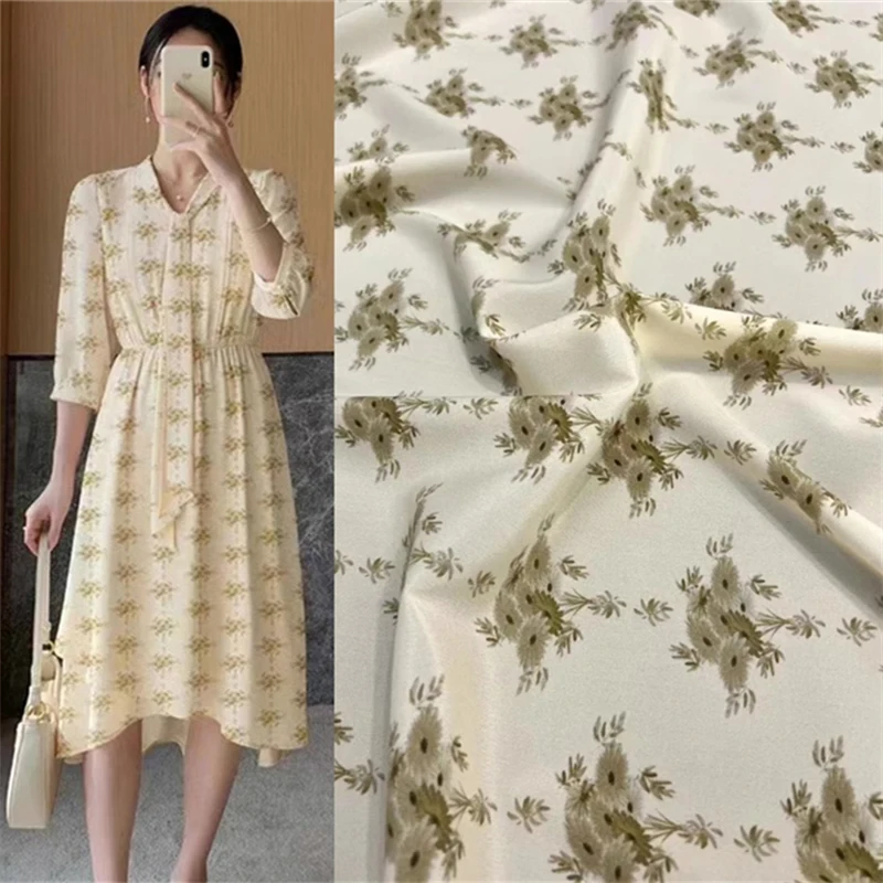 

F Family's New Summer Daisy Printed Silk Crepe De Chine Fabric Temperament Dress Shirt DIY Designer Mulberry Silk Fabric Satin