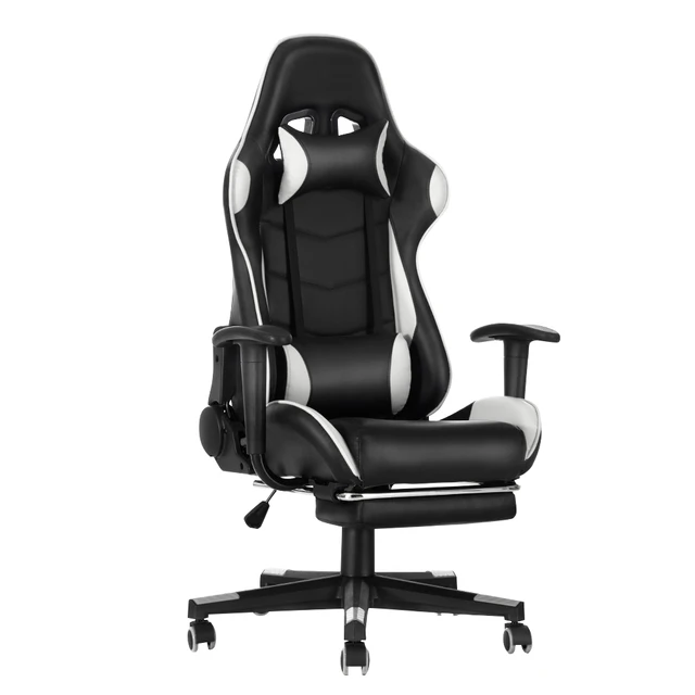 Gaming Sport Chair Swivel Gas Lift Lockable Reclining Chair with 5 Wheels Office Chair Adjustable Seat Height Pu Leather Seater White
