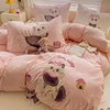 Cute Pink Cartoon Cat Towel Embroidery Girls Kids Bedding Set Soft Washed Cotton Duvet Covers Set Bed Sheet Pillowcases 3/4Pcs 1