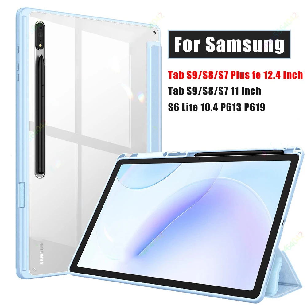 

For Samsung Galaxy Tab S8 S9 Plus Case 12.4 Inch with Pencil Holder Clear Transparent Back Shell For Tab S9 S8 S7 FE 12.4'' 2023