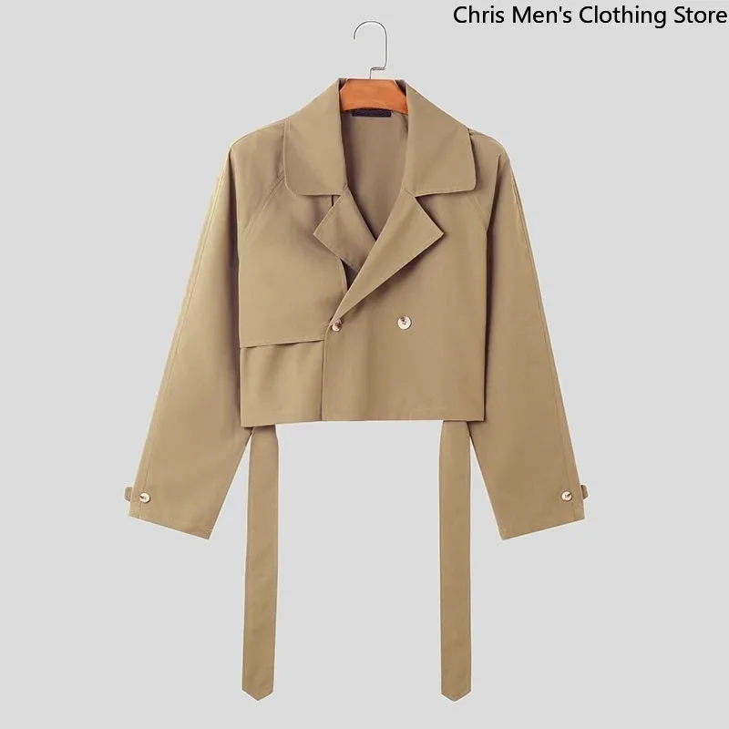 New Fall Fashion Loose Men's Short Trench Coat Super Cool Street Motorcycle Men's Coat Lapel Lace-up Cargo Male Short Jacket