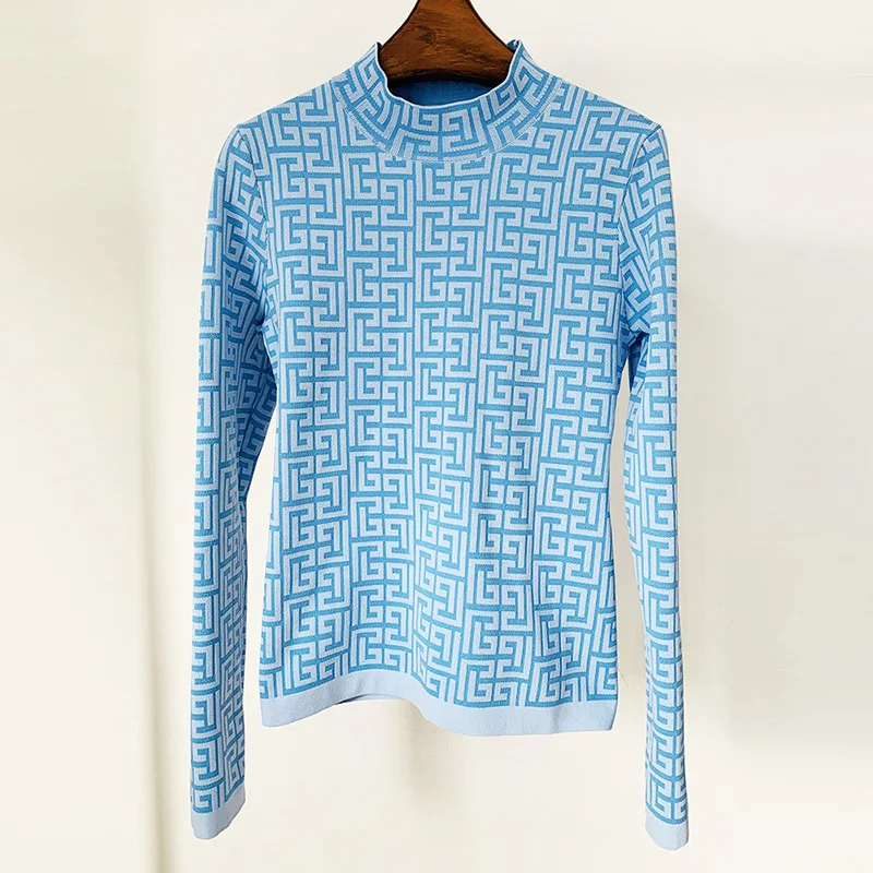 

Stock 2023 European and American star fashion new maze graphic jacquard knitted semi-turtleneck pullover sweater knit