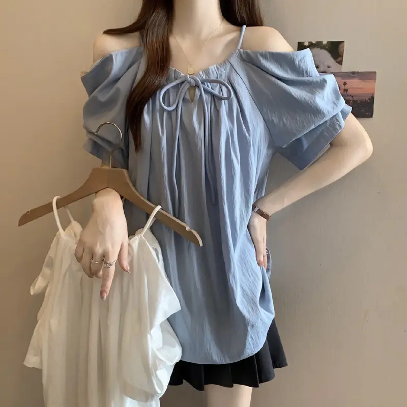 Summer Plus Size Women's New Arrival Solid Color Versatile Loose Slimming Drawstring Tank Top One-Shoulder Short Sleeve Top